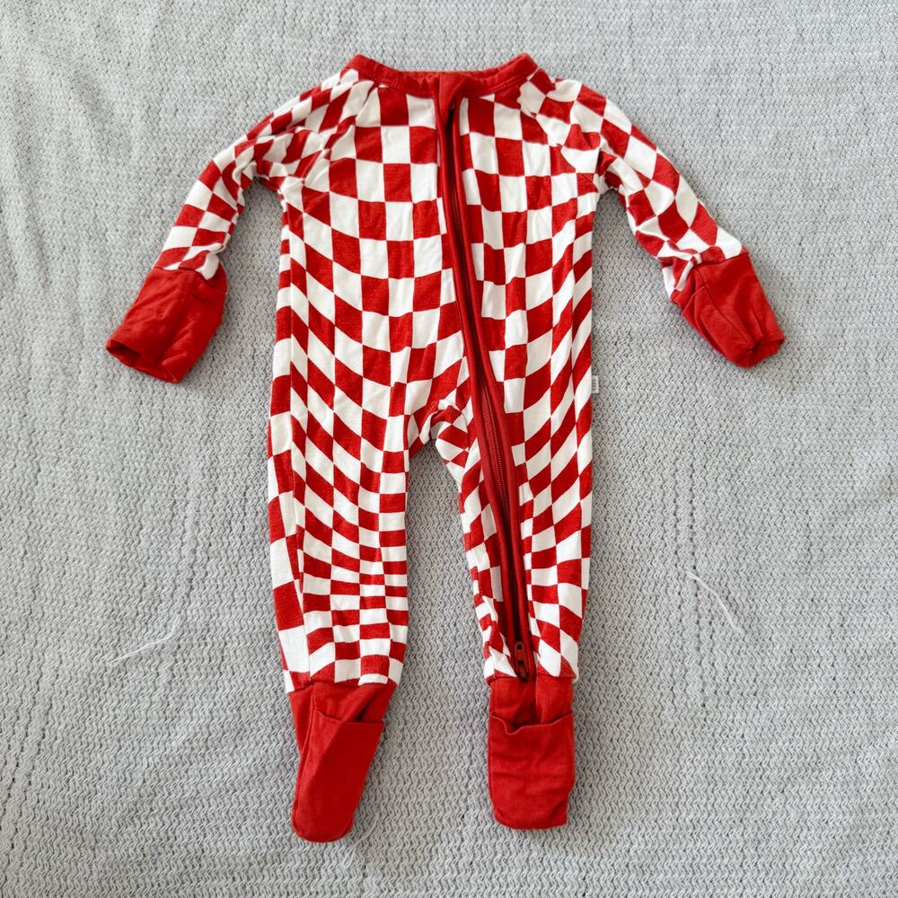Brixton Phoenix Red + White Wavy Checker One Piece Sleeper Footie Pajamas - NB
